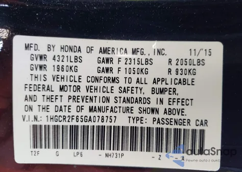 2016 Honda Accord Sport from USA, damaged, VIN 1HGCR2F65GA078757